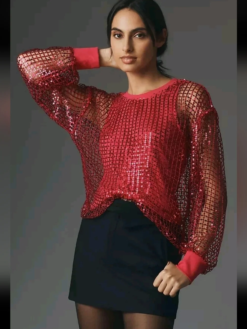 Pilcro Long-Sleeve Sequin‎ Top Raspberry